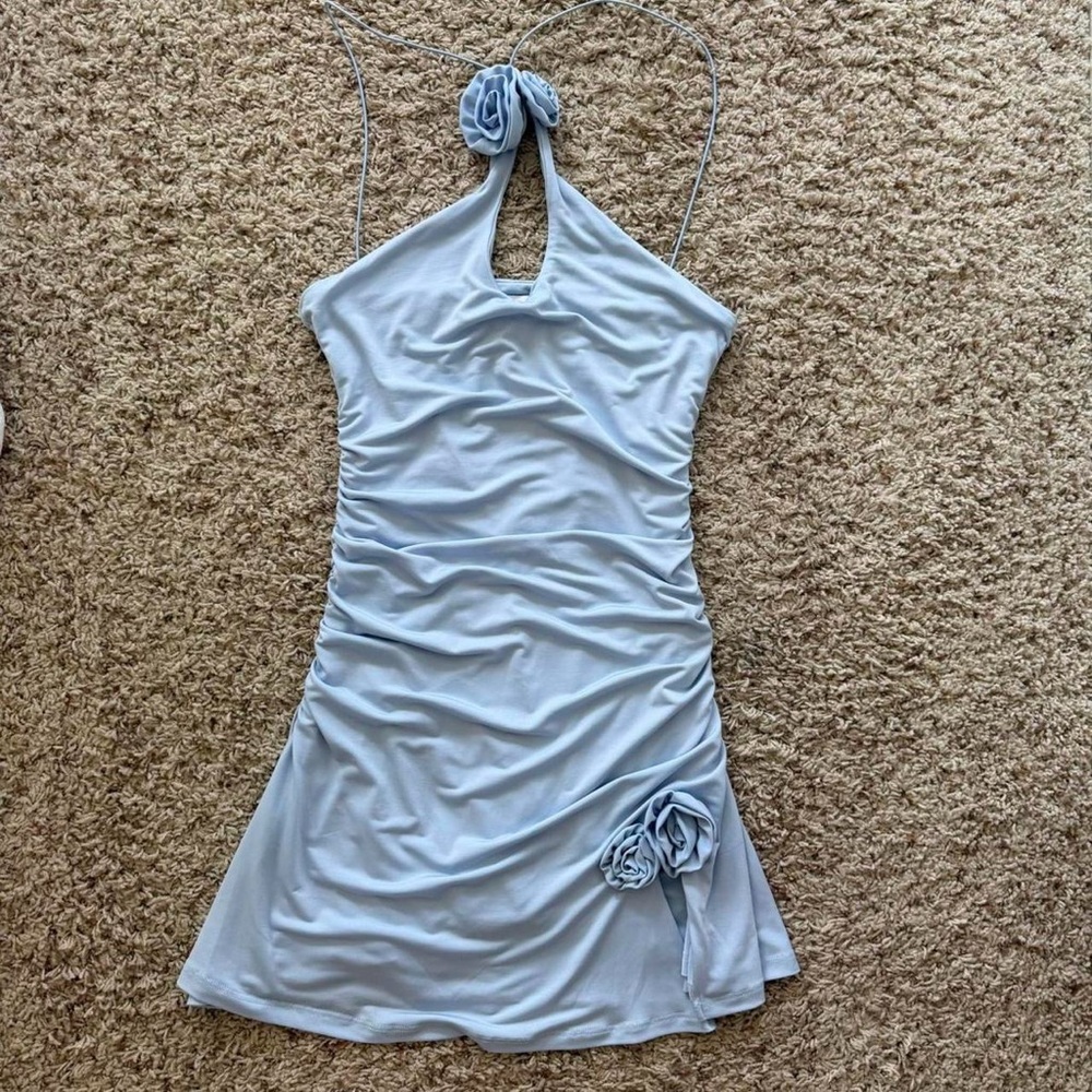 Light Blue Halter Ruched Mini Dress with Floral Accents